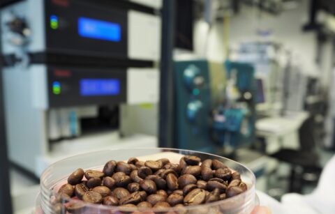 Coffee beans in front of a mass spectrometer